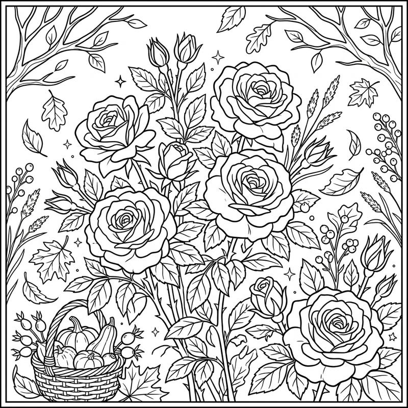 Dive into the beauty of fall with this enchanting coloring page, perfect for kids. Featuring sturdy shrub roses blooming amidst a bounty of autumn leaves and harvest goodies.