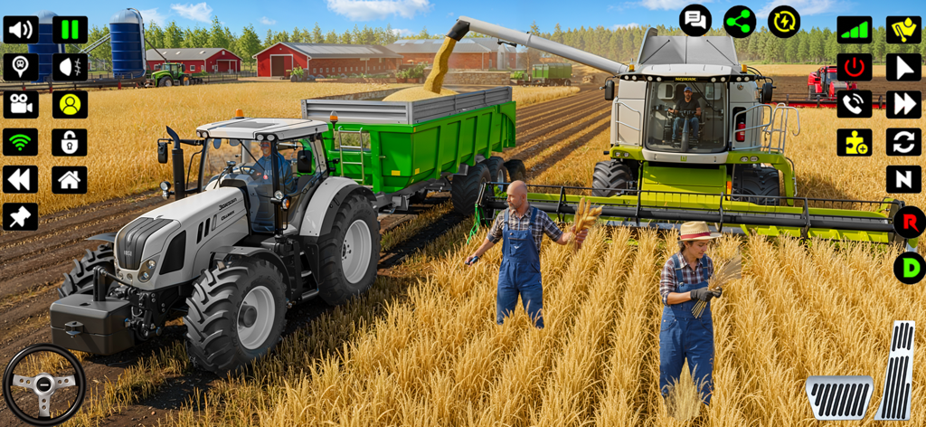 Farming Tractor Game Simulator - A tractor and combine harvester in a golden wheat field with farm workers