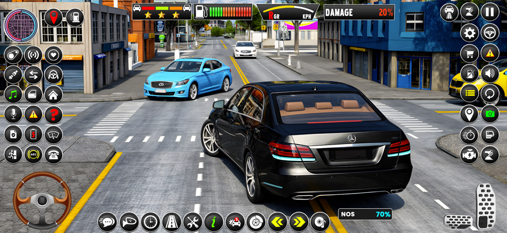 Driving School 3D : Car Games - A black sedan driving through a city intersection in a 3D driving simulator game with multiple control icons on screen