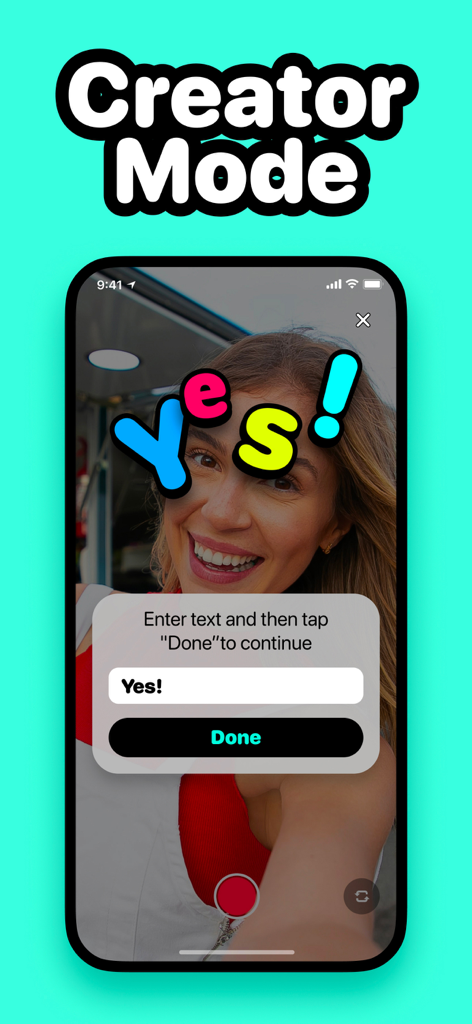 Tap Tap ABC Filter - A woman using the creator mode in Tap Tap ABC Filter to add a custom yes text overlay to her video