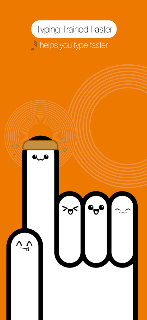 A cartoon hand with cute faces on an orange background showing typing speed benefits of Piano Tiles