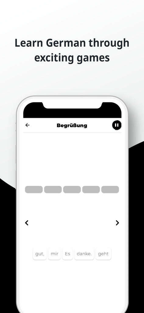 Interface d'une application d'apprentissage de l'allemand montrant un jeu de complétion de phrases sous le sujet des salutations