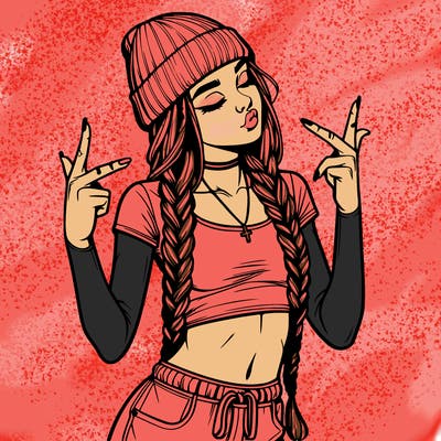 realistic teenage girl with braids and a beanie and crop top doing 🫶🏼