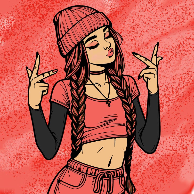realistic teenage girl with braids and a beanie and crop top doing 🫶🏼