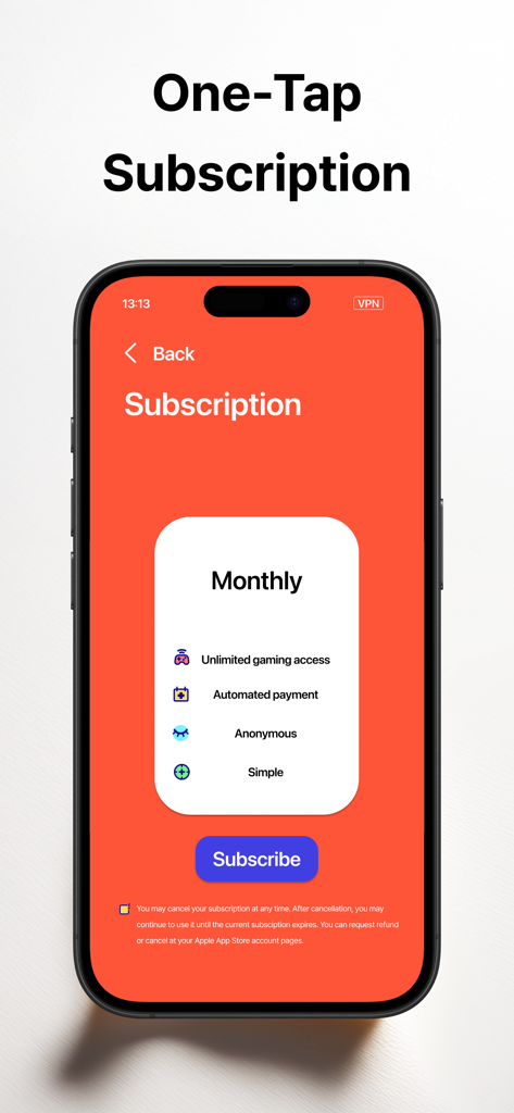 Gambit Gaming VPN one tap monthly subscription screen with subscribe button
