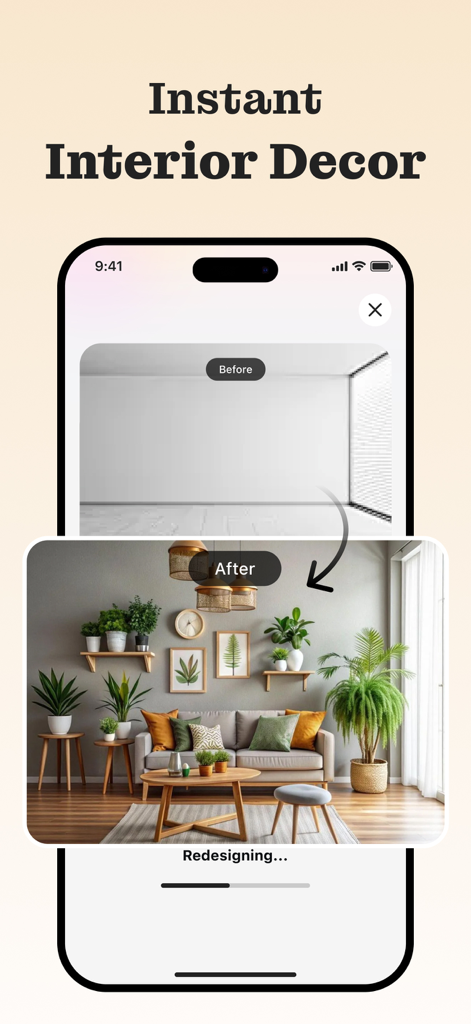 Homely AI - Interior Design - Comparação antes e depois de um cômodo vazio transformado em um espaço de estar elegantemente decorado com IA.