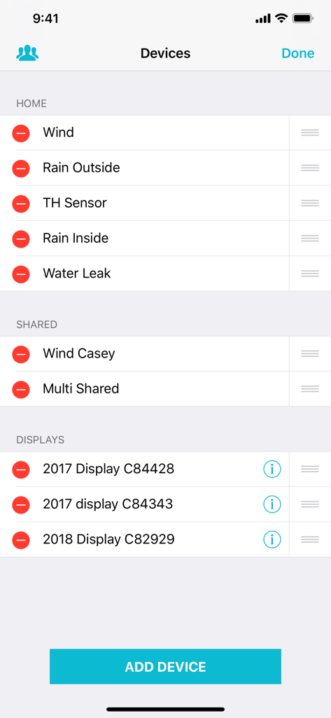 La Crosse View - A list of connected weather sensors and displays in the La Crosse View app device management screen.