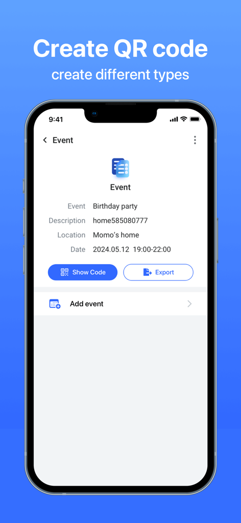 Interfaccia mobile dell'app QR Explore per creare un codice QR per un evento come una festa di compleanno.