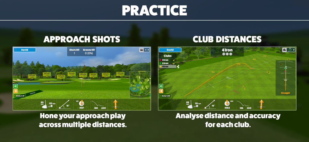 Awesome Golf Simulator app showing practice mode with approach shot targets and club distance analysis