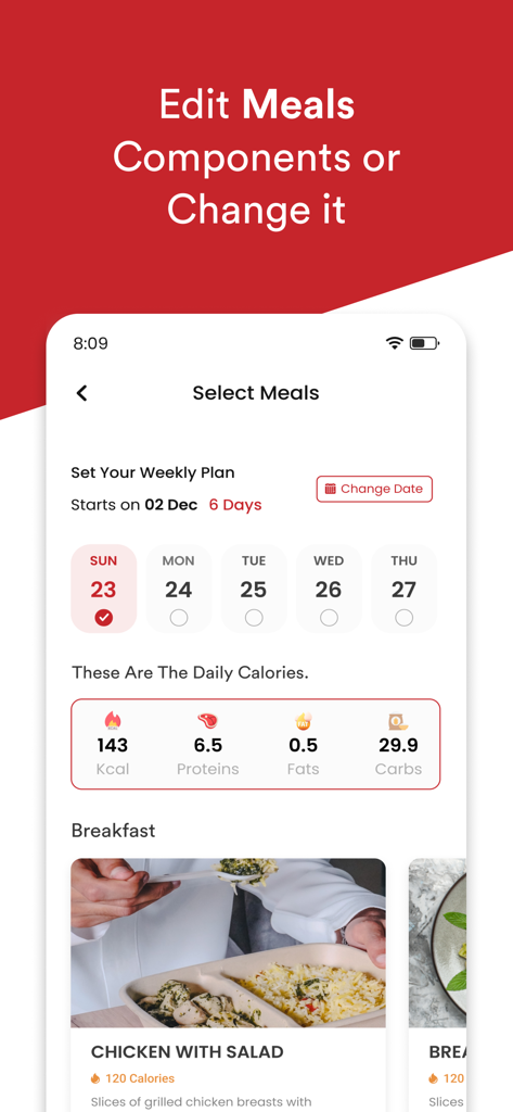 Redbox healthy food - Una interfaz móvil para seleccionar un plan de comidas semanal en la app Redbox Healthy Food, mostrando estadísticas nutricionales diarias y opciones de desayuno como pollo con ensalada.