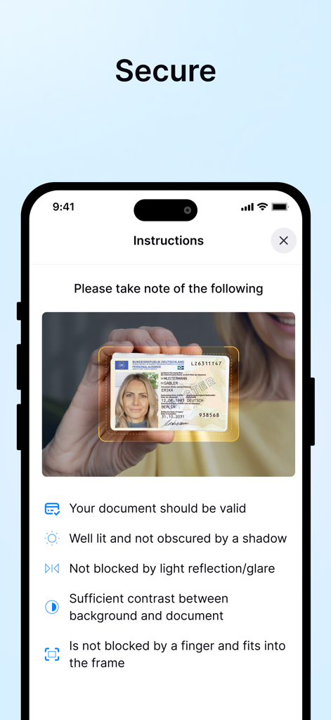 My WebID - Schermata dell'app My WebID che mostra le istruzioni per fotografare un documento d'identità per una verifica sicura.