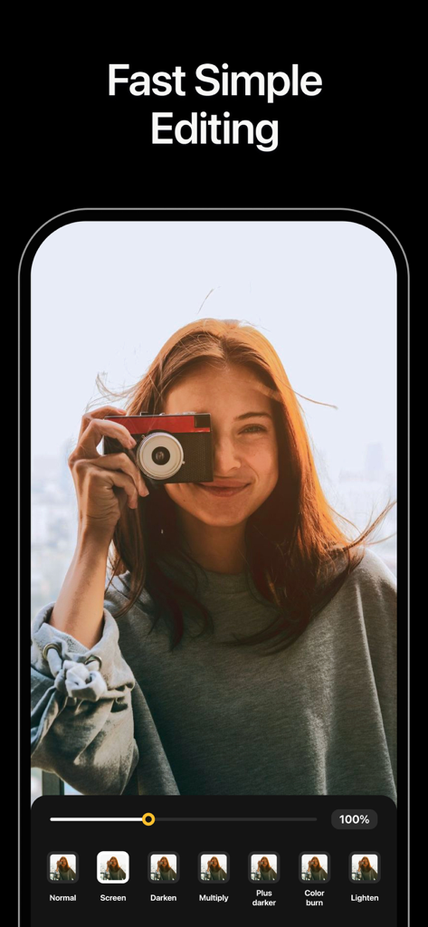 Blend: Combine Photo Layers - A mobile app screen displaying photo blending options and a young woman holding a vintage camera
