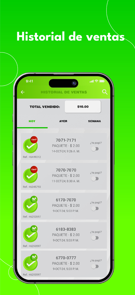 YoVendoRecarga app screen displaying sales history with a list of recent mobile recharge transactions and total amount sold