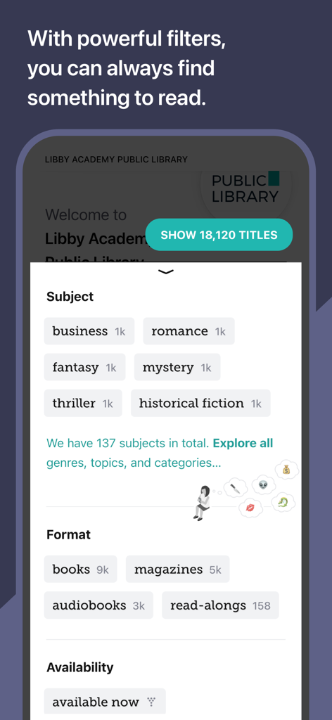 Libby app interface showing search filters for book subjects and formats