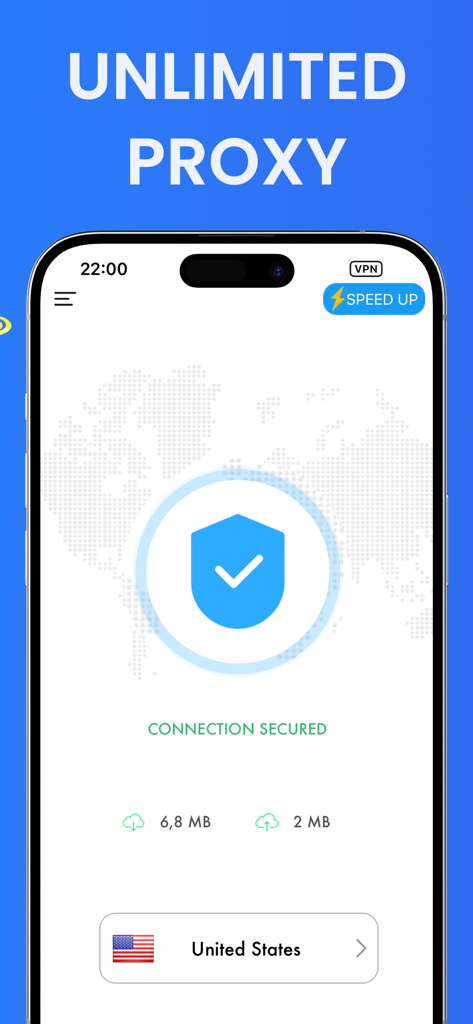 VPN Proxy app interface showing a secured connection and United States server on an iPhone