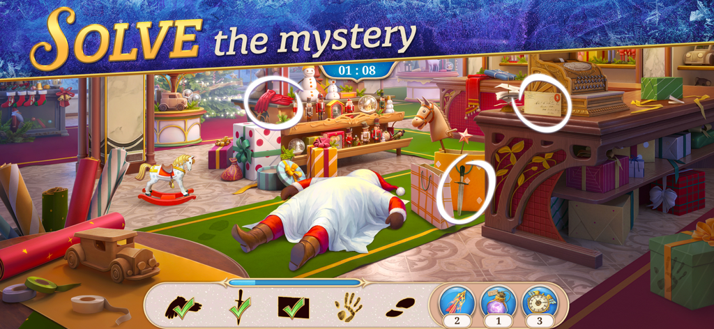 Seekers Notes: Hidden Objects - A hidden object puzzle scene in a festive Victorian toy shop featuring a mystery to solve.