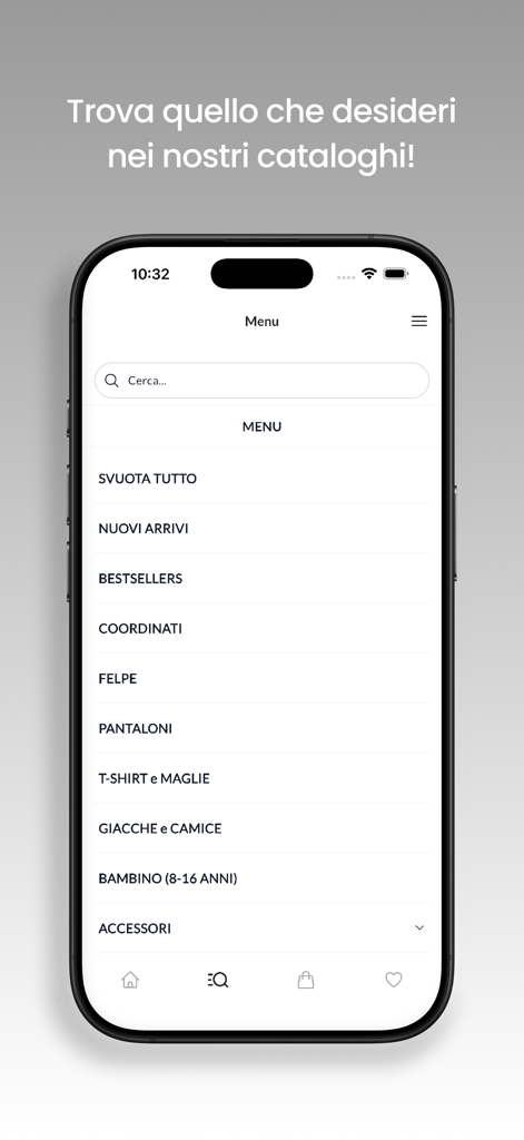 Nexus Company - Schermata di navigazione dell'app Nexus Company con un elenco di categorie di abbigliamento come nuovi arrivi, bestseller e felpe per gli appassionati di streetwear