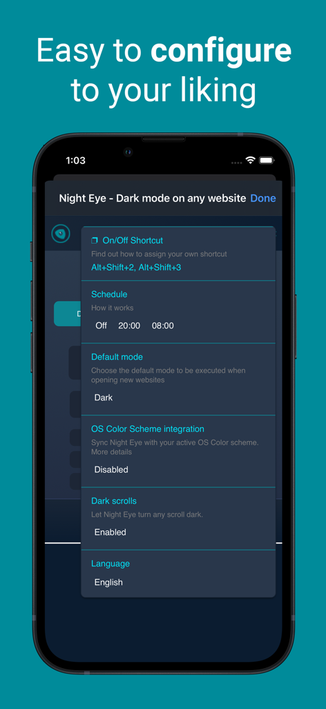 Dark Mode for Safari: NightEye - Night Eye app settings screen showing configuration options like scheduling, default mode, and OS color scheme integration