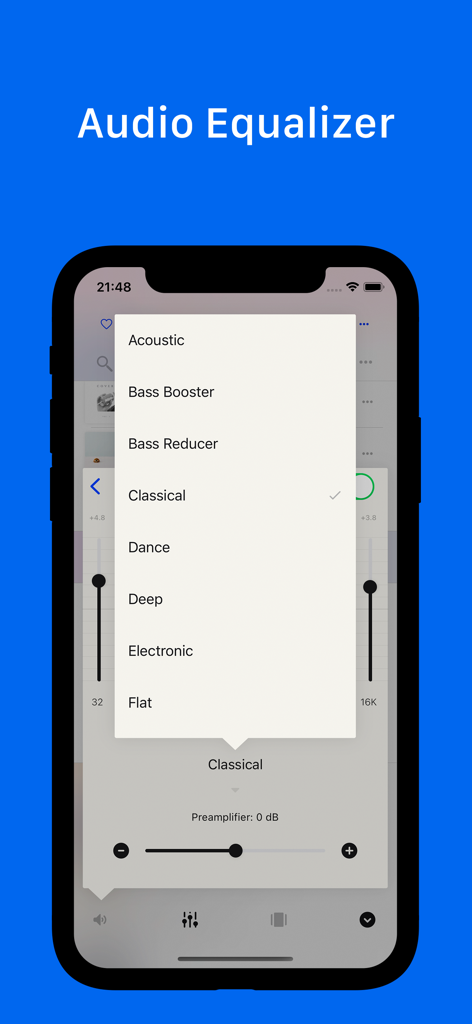 Musicbox: player for Dropbox - Interface of Musicbox app showing audio equalizer presets like Bass Booster and Classical settings on an iPhone.