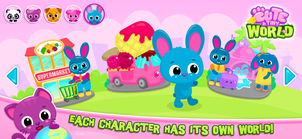 A blue bunny character stands in front of various mini-game scenes including a supermarket and an ice cream truck.
