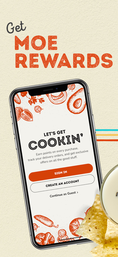 Moes Southwest Grill app rewards sign up screen featuring chips and queso