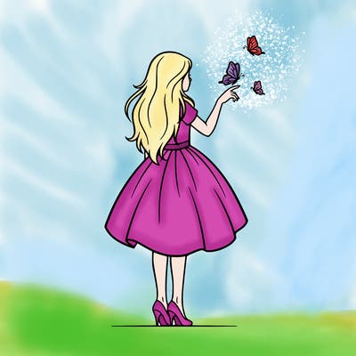a girl with beautiful flowy hair with a dress knee length wearing high heels and a butterflies landing on her fingertip