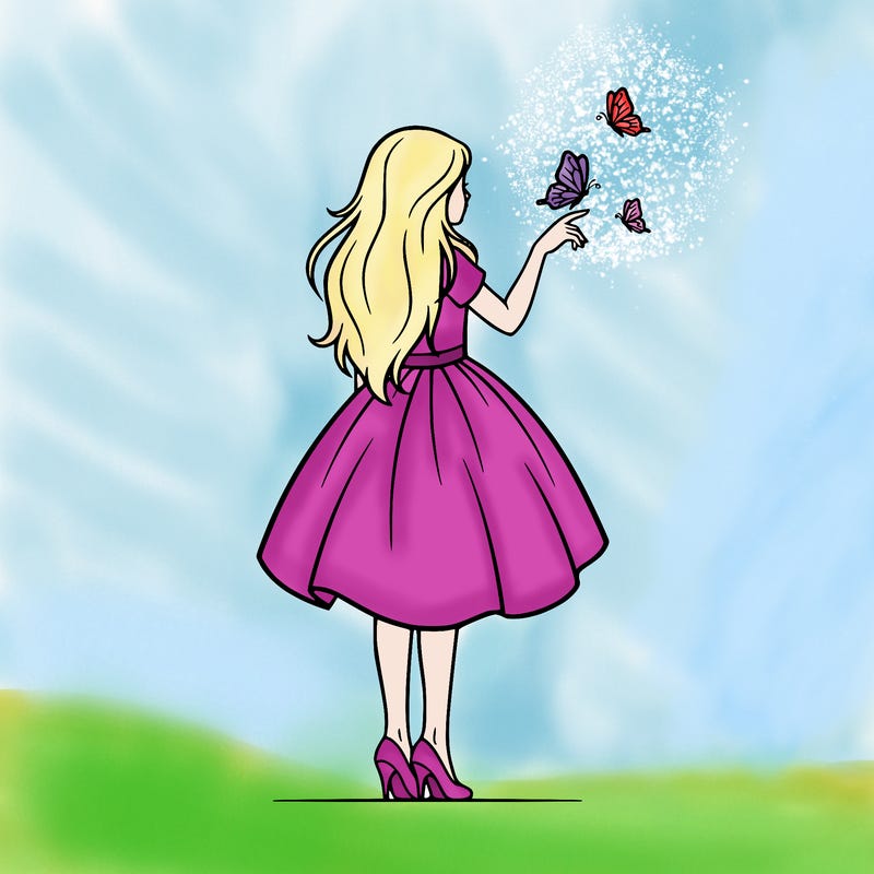 a girl with beautiful flowy hair with a dress knee length wearing high heels and a butterflies landing on her fingertip