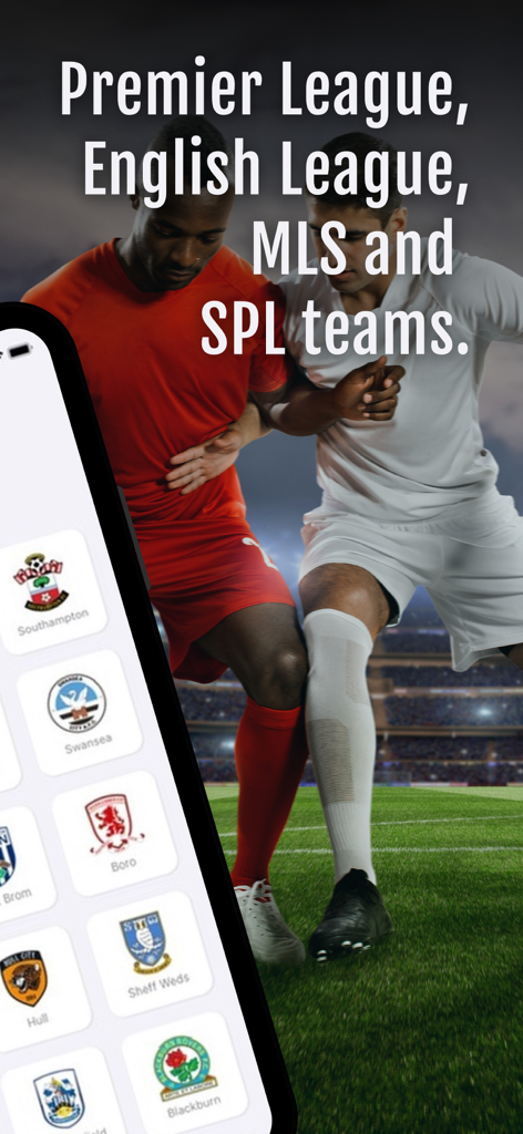 Football News 365 - Soccer - Uno schermo dell'app mobile che mostra i loghi di varie squadre di calcio con giocatori di calcio sullo sfondo.