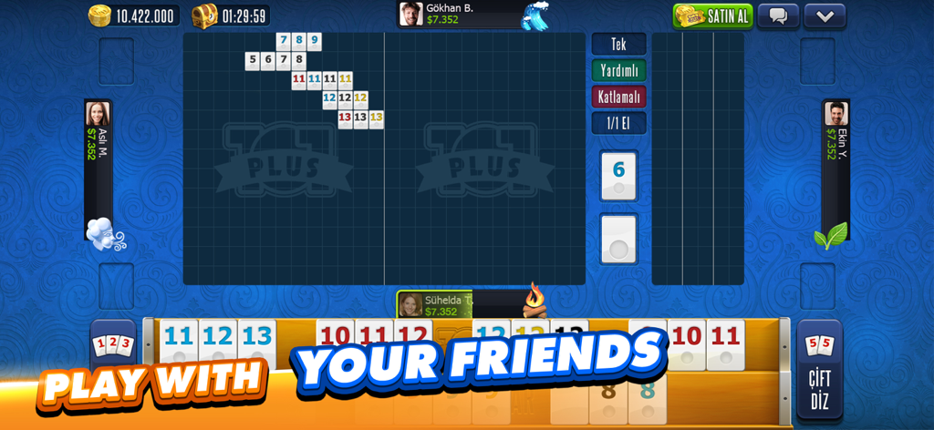 Mobile gameplay of 101 Okey Plus showing tile sets on a blue board with a Play With Your Friends overlay