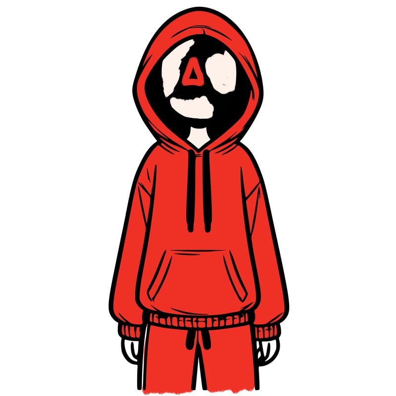 faceless girl in a tracksuit with a hood on and no hair