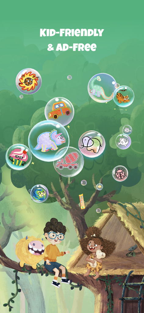 bekids Princess Coloring Book - A colorful illustration from bekids Princess Coloring Book highlighting its kid-friendly and ad-free features with cartoon characters and floating bubbles.