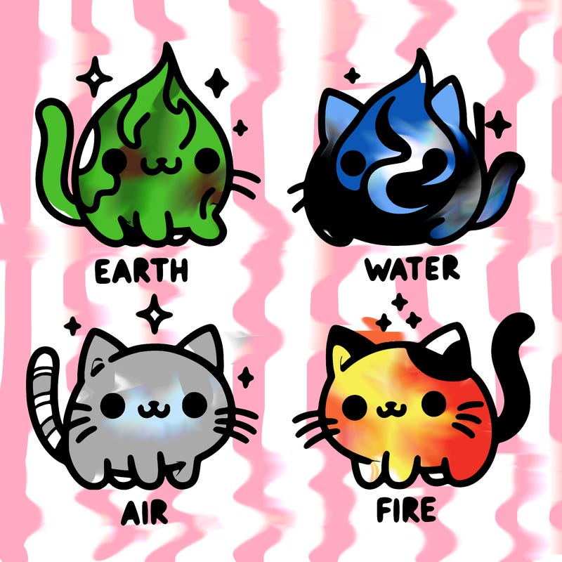 4 cats that represent the different elements, earth, water, air, and fire