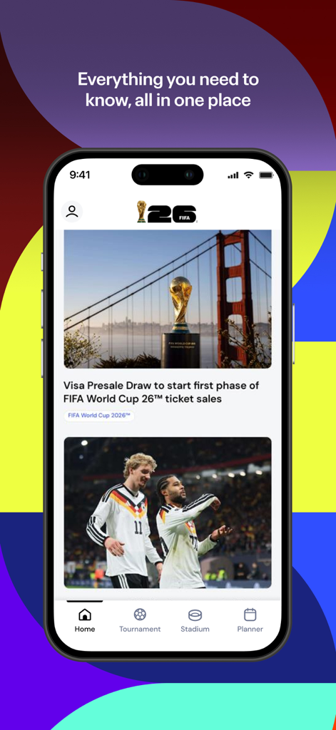 FIFA World Cup 26™ - Official FIFA World Cup 26 app home screen displaying tournament news and ticket information.