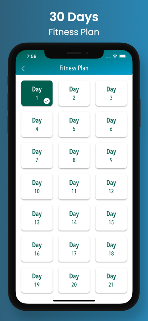 Abs Workout - Lose Belly - A smartphone screen displaying a 30-day fitness plan for an abs workout app.