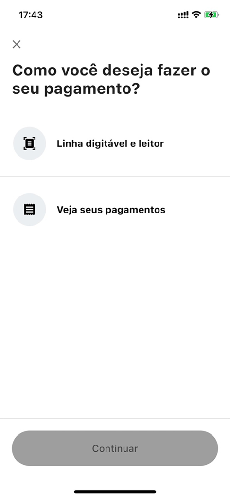 Mentore Bank - Interfaccia dell'app mobile Mentore Bank per la scelta di un metodo di pagamento con opzioni per l'inserimento di codici a barre o la visualizzazione dei pagamenti