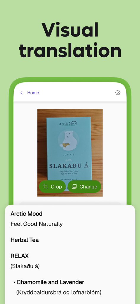 Kagi Translate 앱 인터페이스는 제품 포장의 시각 번역 기능을 보여줍니다.