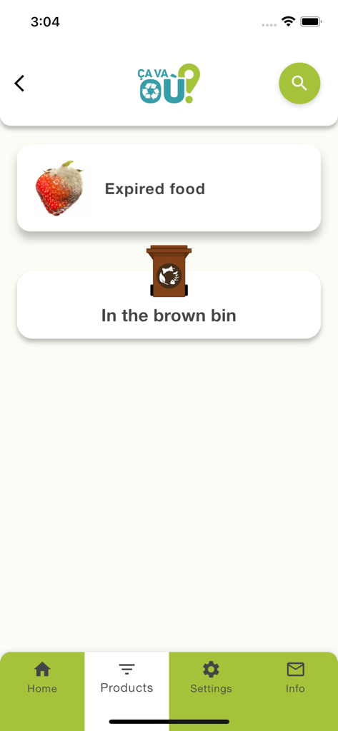 Screenshot of the Ca va ou app showing that expired food belongs in the brown compost bin