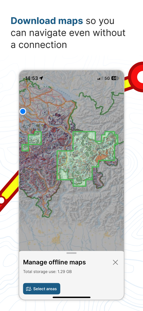 White Risk app interface showing the manage offline maps feature with a topographic map and selected areas for download.