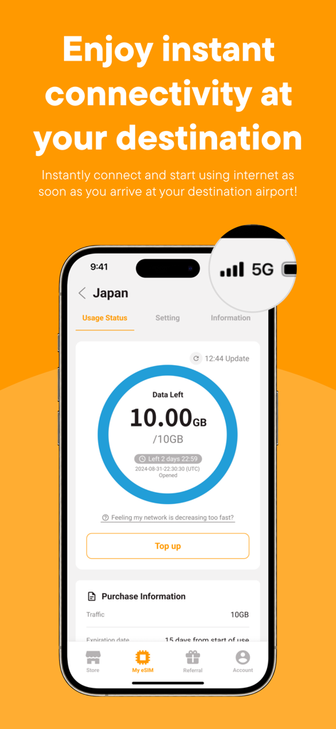 trifa - Travel eSIM Store App - trifaアプリのインターフェースを表示するスマートフォン。日本の旅行eSIMで利用可能なデータが10GB残っており、5G信号アイコンが表示されています。