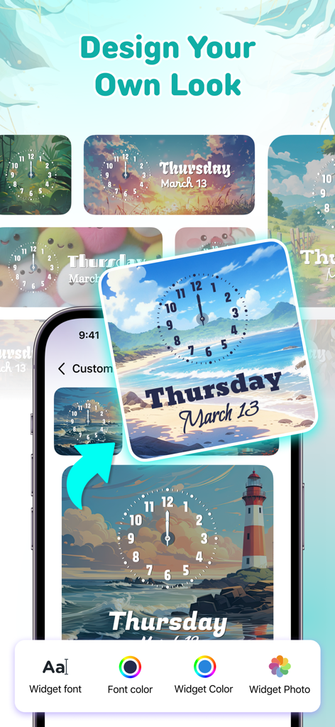 Ein Smartphone-Bildschirm, der verschiedene anpassbare ästhetische Uhr-Widgets mit Optionen für Schriftfarbe und Hintergrundfoto zeigt.