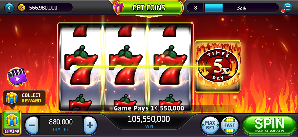 Hot 7's Casino Classic Slots - Schermata di slot machine classica che mostra una linea vincente di simboli tripli sette con un moltiplicatore cinque volte