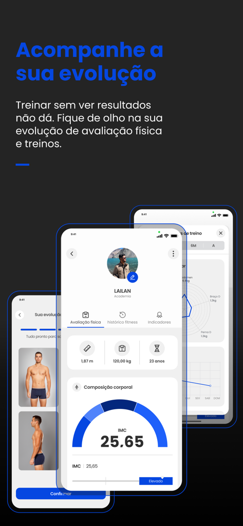 Treino app interface showing physical evolution, body composition data, and fitness progress charts
