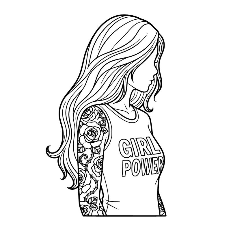 girl with a long hair with a body with roses tattoos a shirt says girl power.
