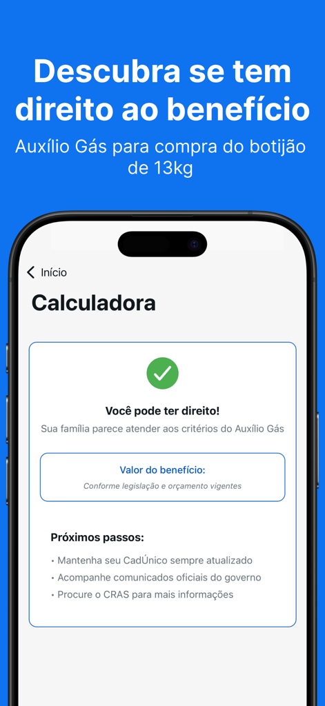 Smartphone screen showing the eligibility calculator for the Brazilian Auxilio Gas benefit program.