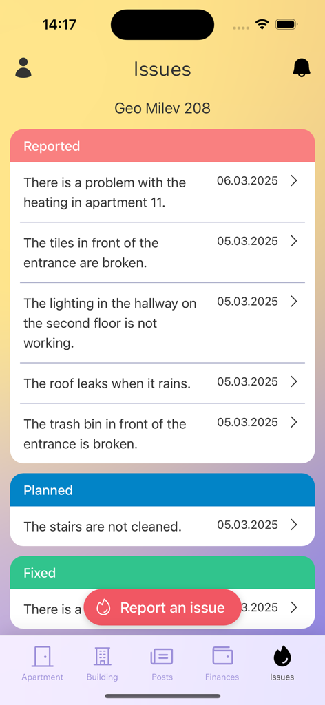 LIVO by Angry Building - LIVO app interface showing a list of reported and planned building maintenance issues like roof leaks and heating repairs.