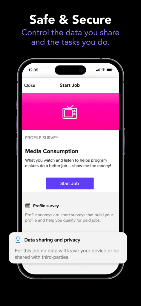 Pantalla de la app MSR que muestra controles de privacidad de datos y una tarea de encuesta de perfil de consumo de medios