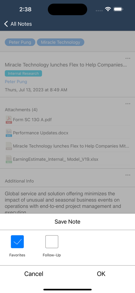 Tamale RMS mobile interface displaying an investment research note with file attachments and a save dialogue