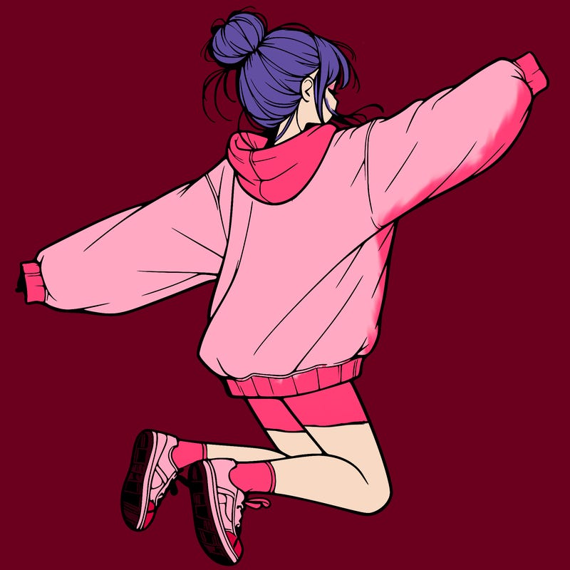 realistic girl jumping with a bun and oversized sweatshirt
