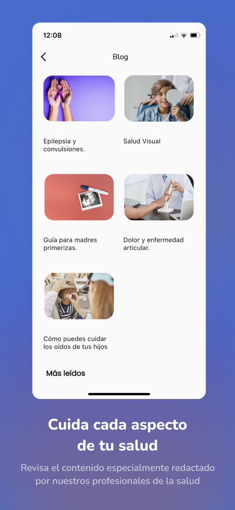 VRIM Connect - VRIM Connect mobile app blog interface showing health and wellness articles in Spanish for family care