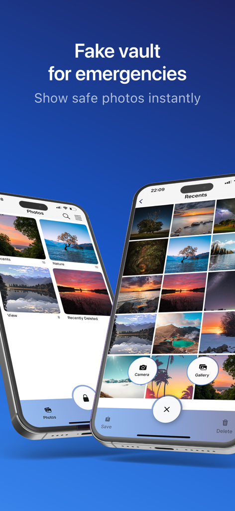 Deux iPhones affichant la fonctionnalité de coffre-fort leurre de Vaulty montrant une galerie de photos sûre pour les urgences